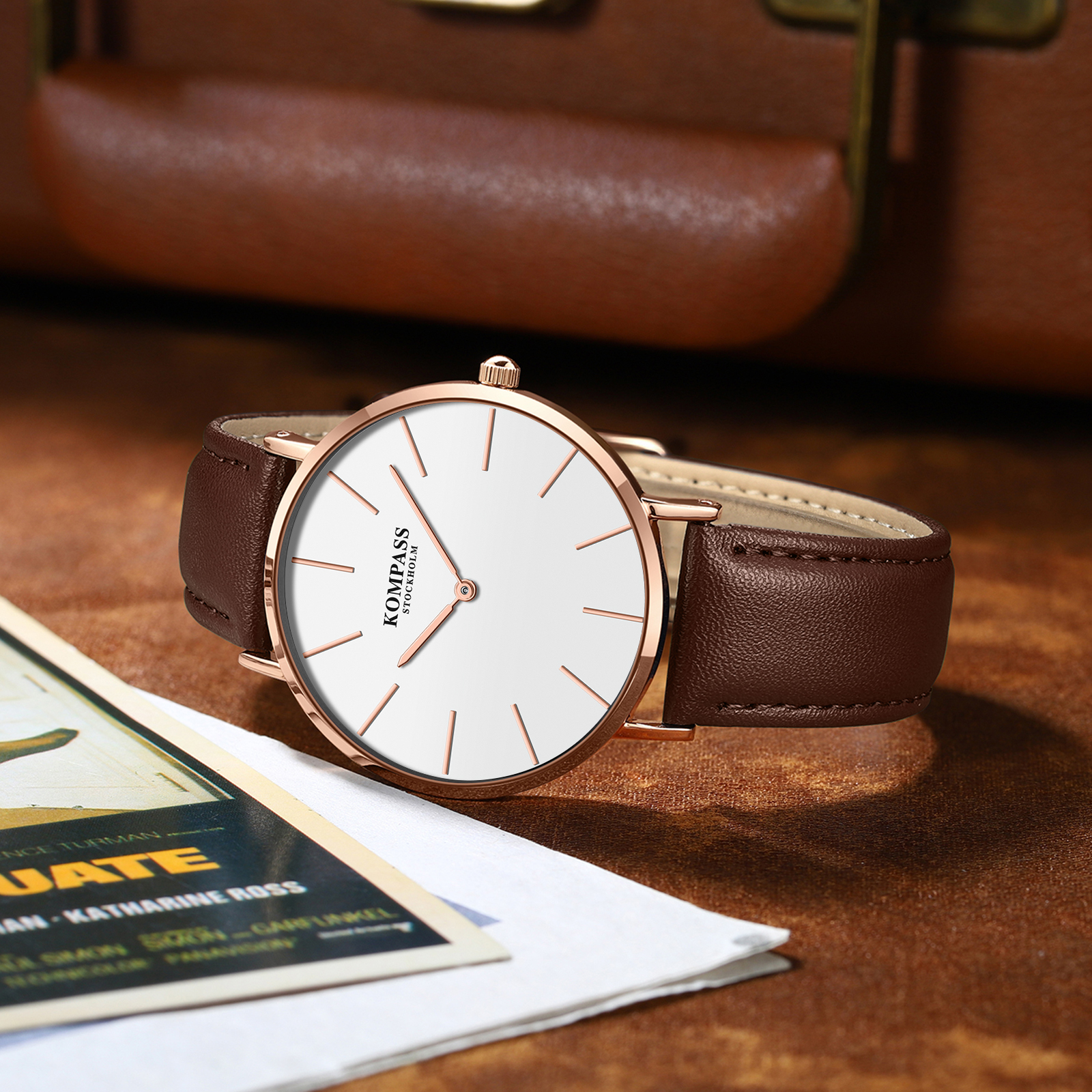 Kompass Classique Ultra-Thin Rose Gold White Brown - 4