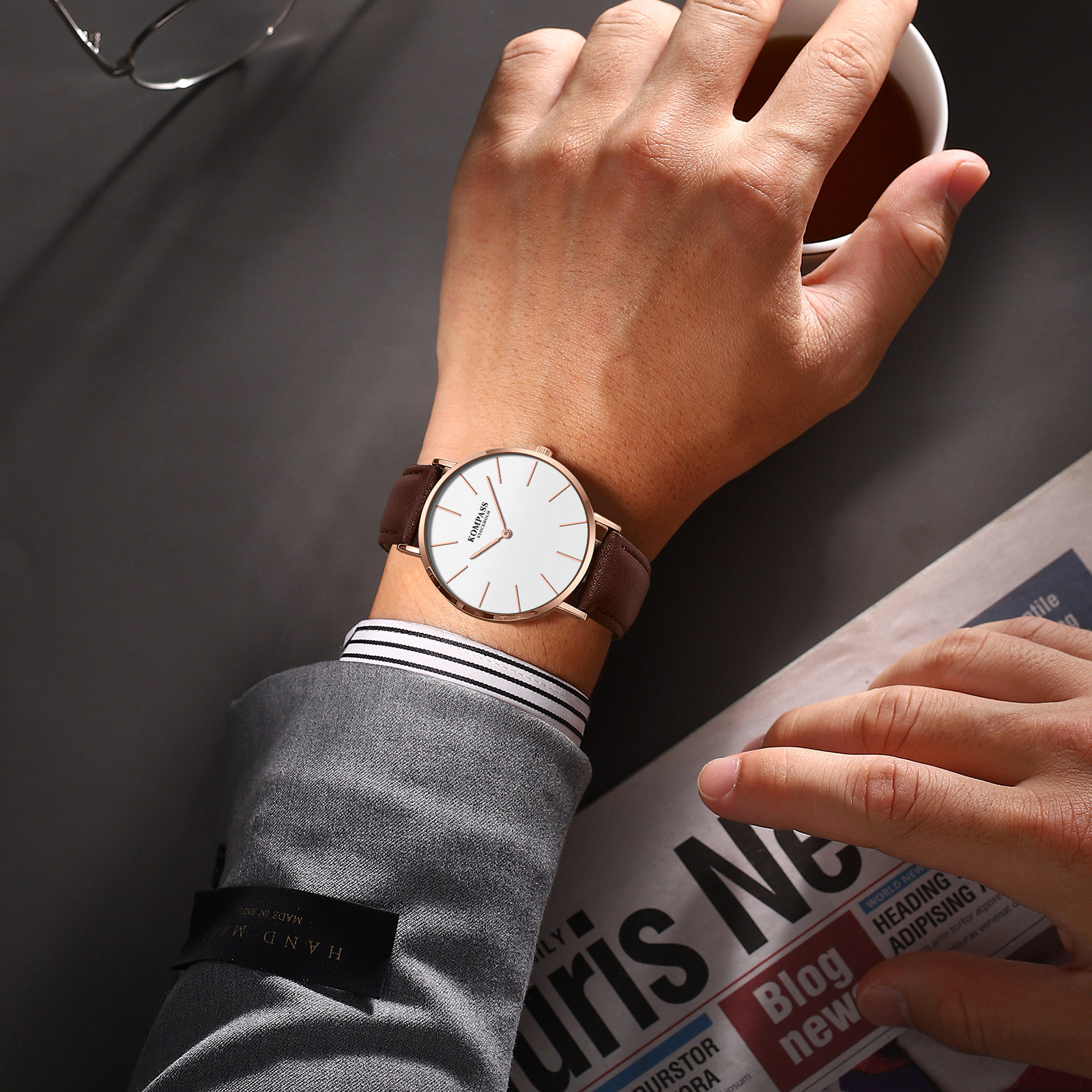 Kompass Classique Ultra-Thin Rose Gold White Brown - 8