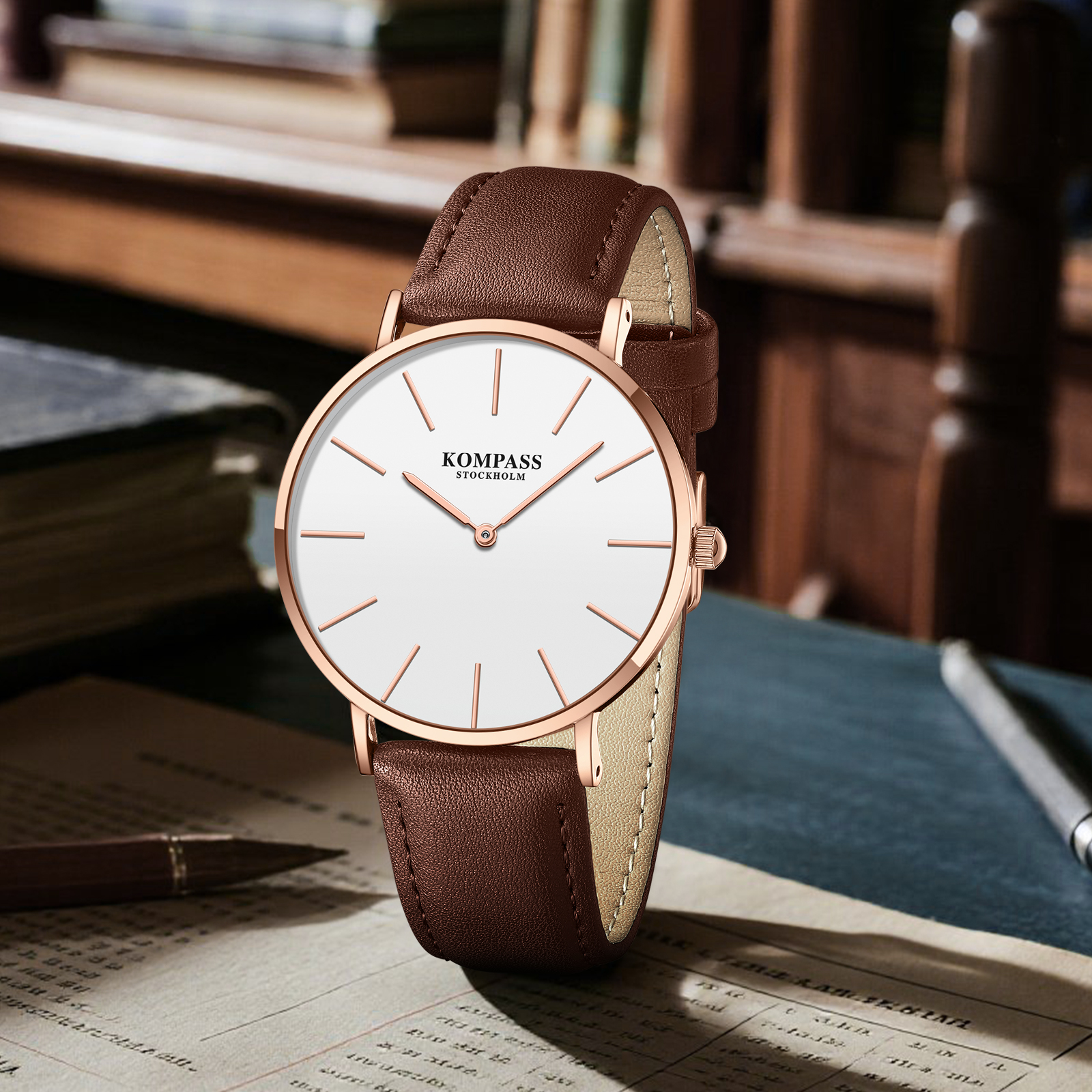 Kompass Classique Ultra-Thin Rose Gold White Brown - 5