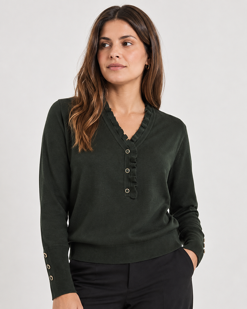 Jumper Katie v-ringad med knappar dark forest mossgrön