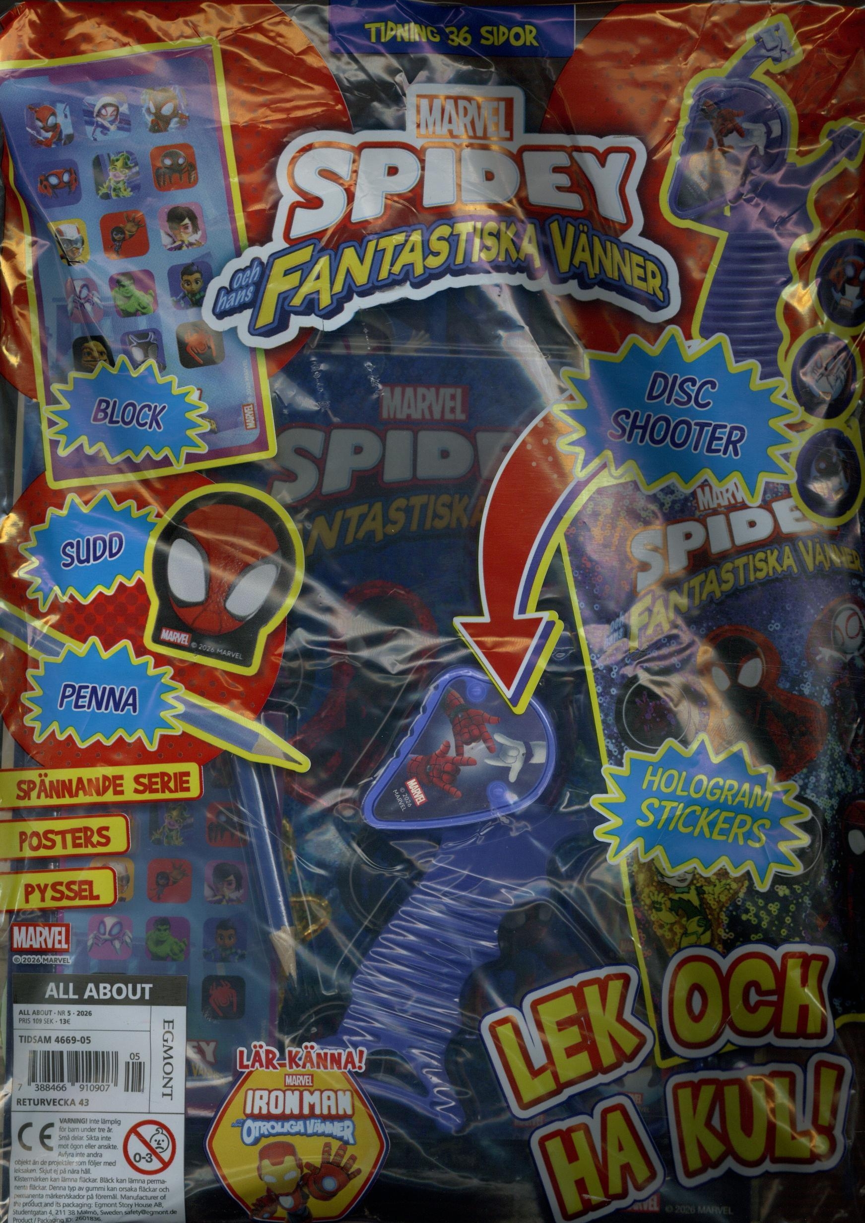All About: Spidey nr 5 2026, Penna, sudd, disc shooter, hologram stickers mm