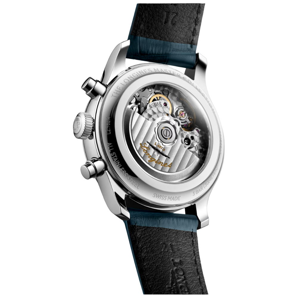 Longines L2.962.4.73.2 Master Collection Chrono Moonphase 41 med alligatorband baksida
