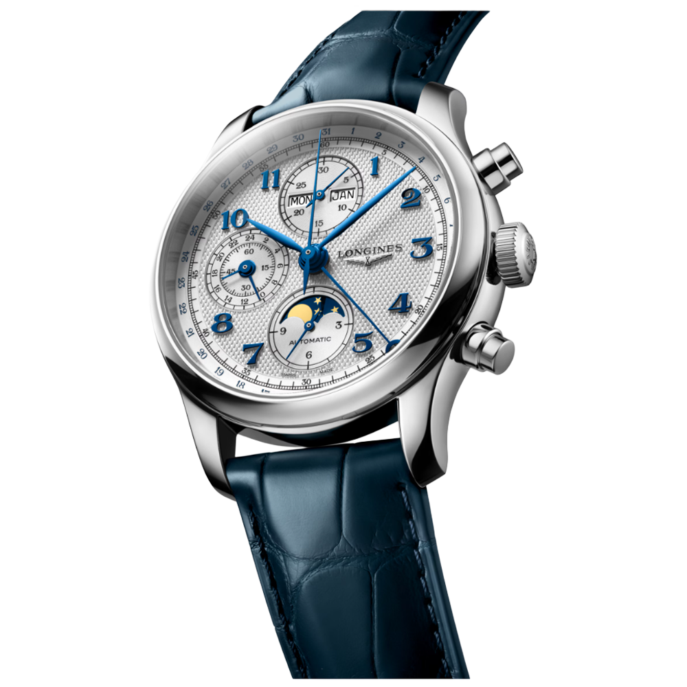 Longines L2.962.4.73.2 Master Collection Chrono Moonphase 41 med alligatorband sida