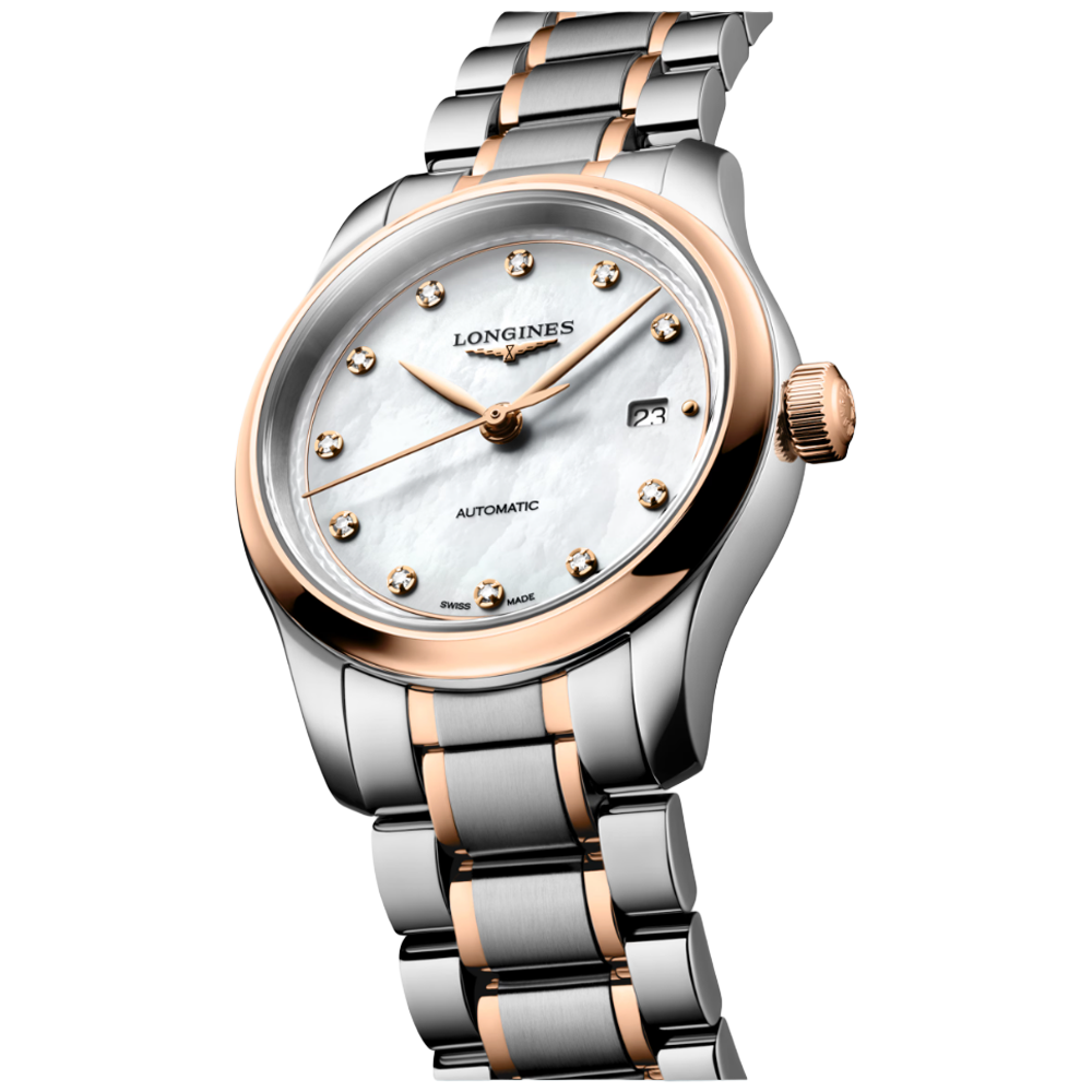 Longines L2.449.5.89.7 Master Collection 30 pärlemor med diamant index och roséguld sida