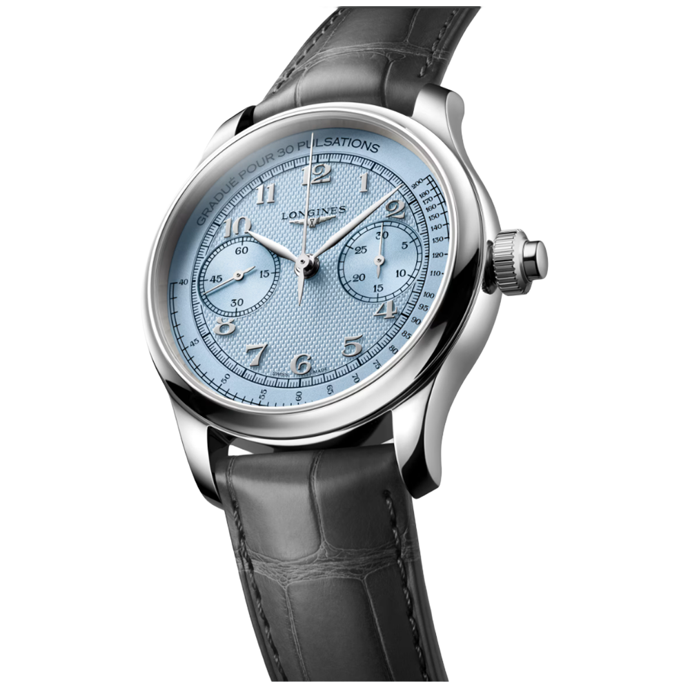 Longines L2.960.4.93.2 Master Collection Chrono Monopusher 41 blå sida