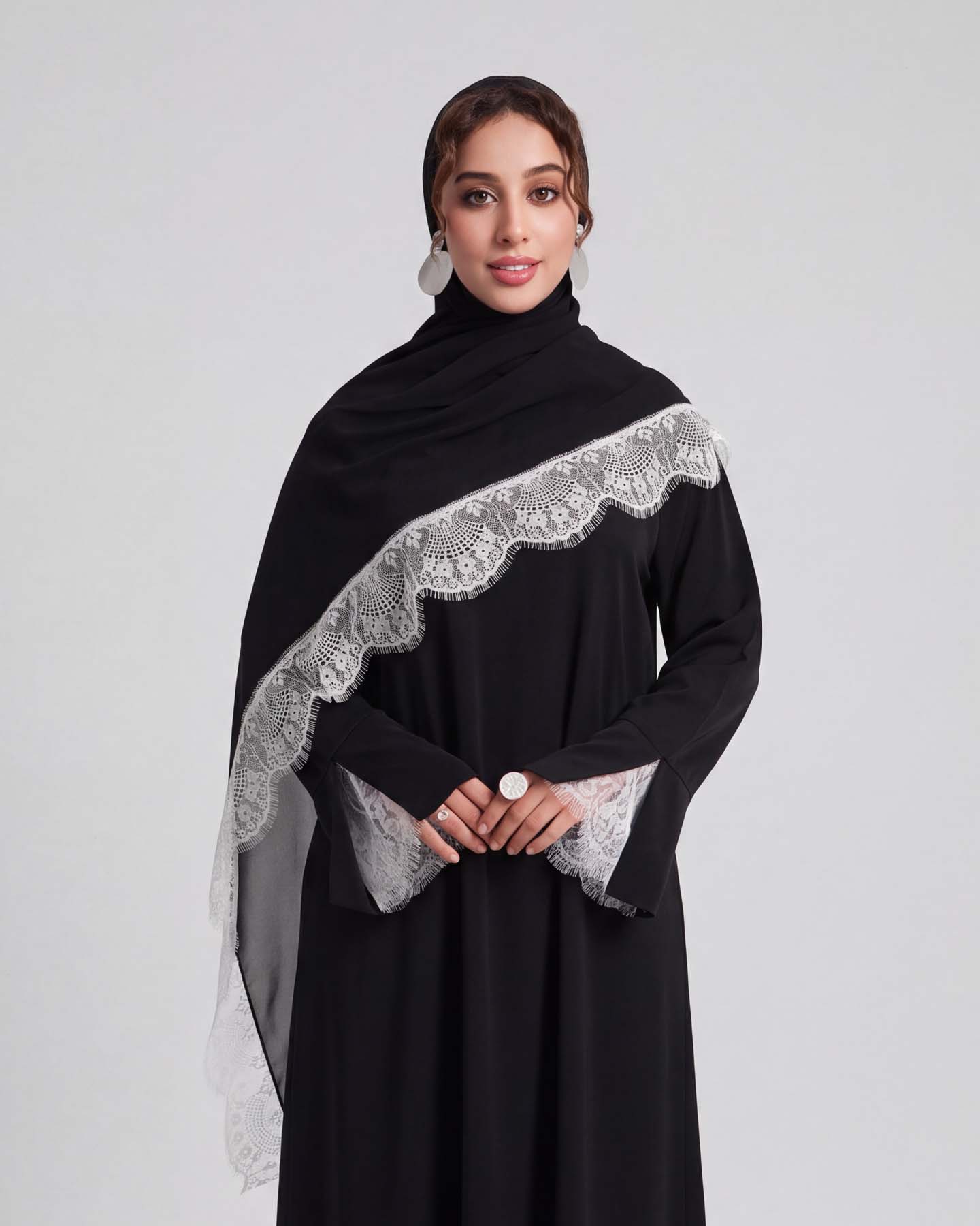 Dekorerad Abaya i Nida-tyg med Hijab - Svart - 3