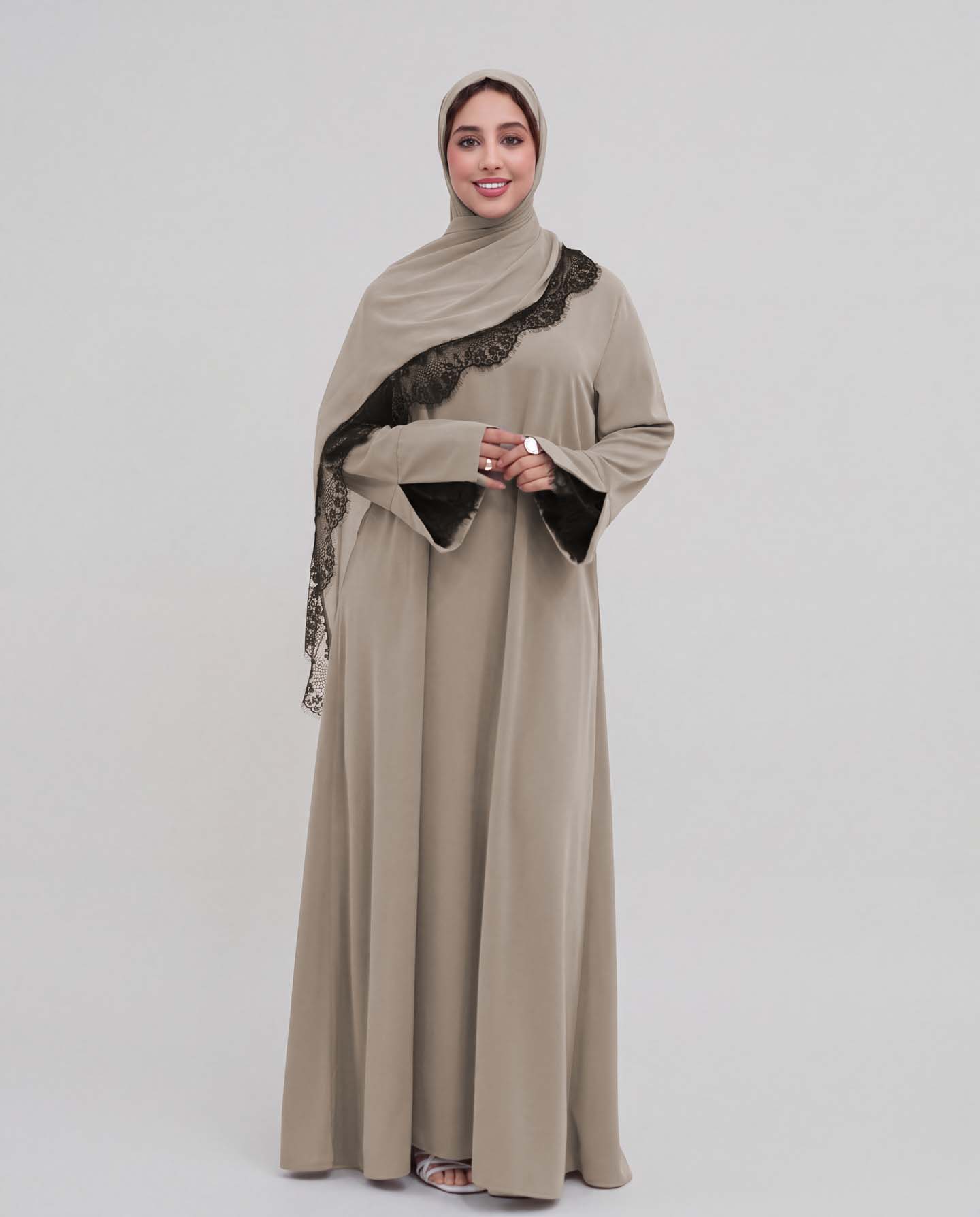 Dekorerad Abaya i Nida-tyg med Hijab - Beige - 5