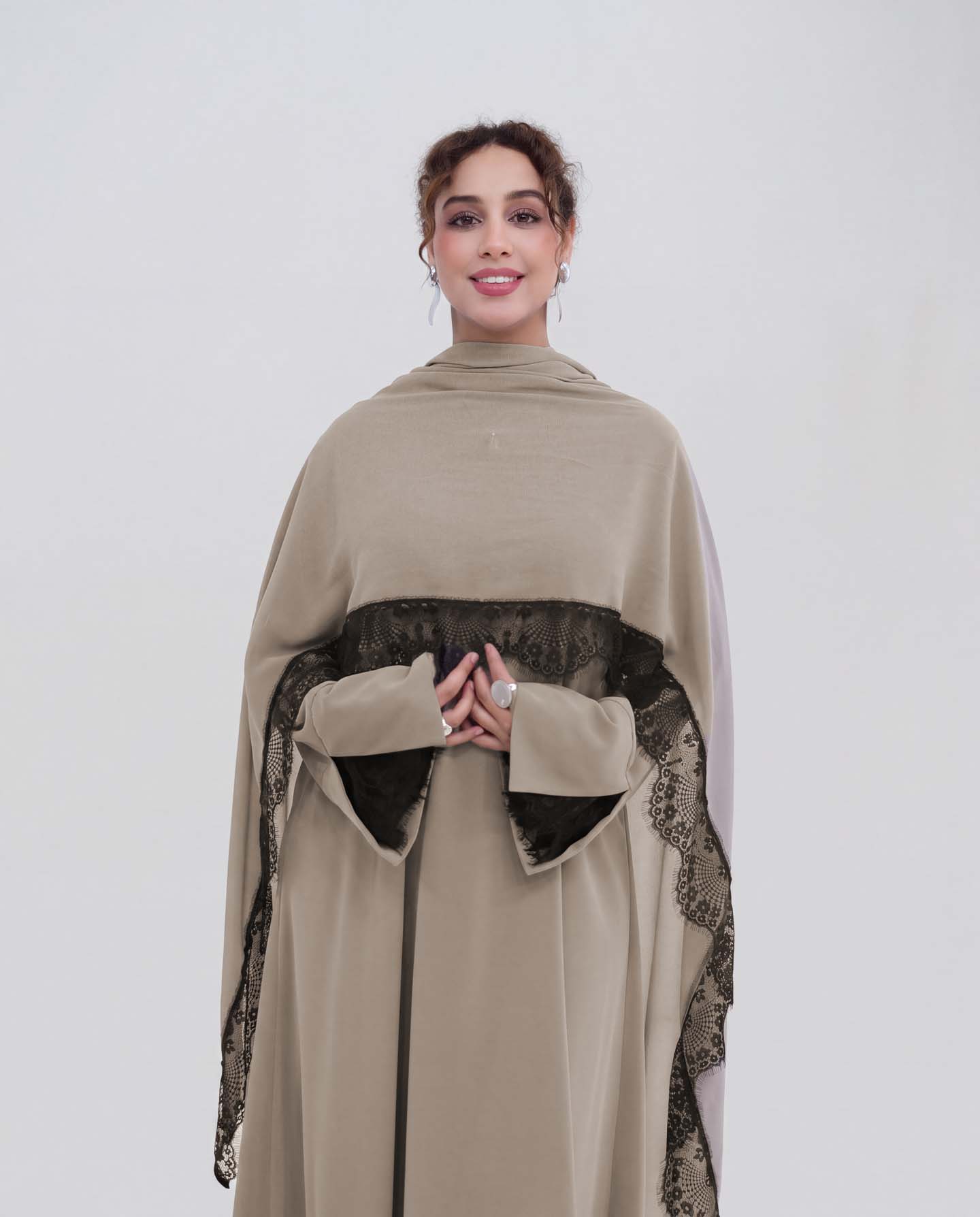 Dekorerad Abaya i Nida-tyg med Hijab - Beige - 4