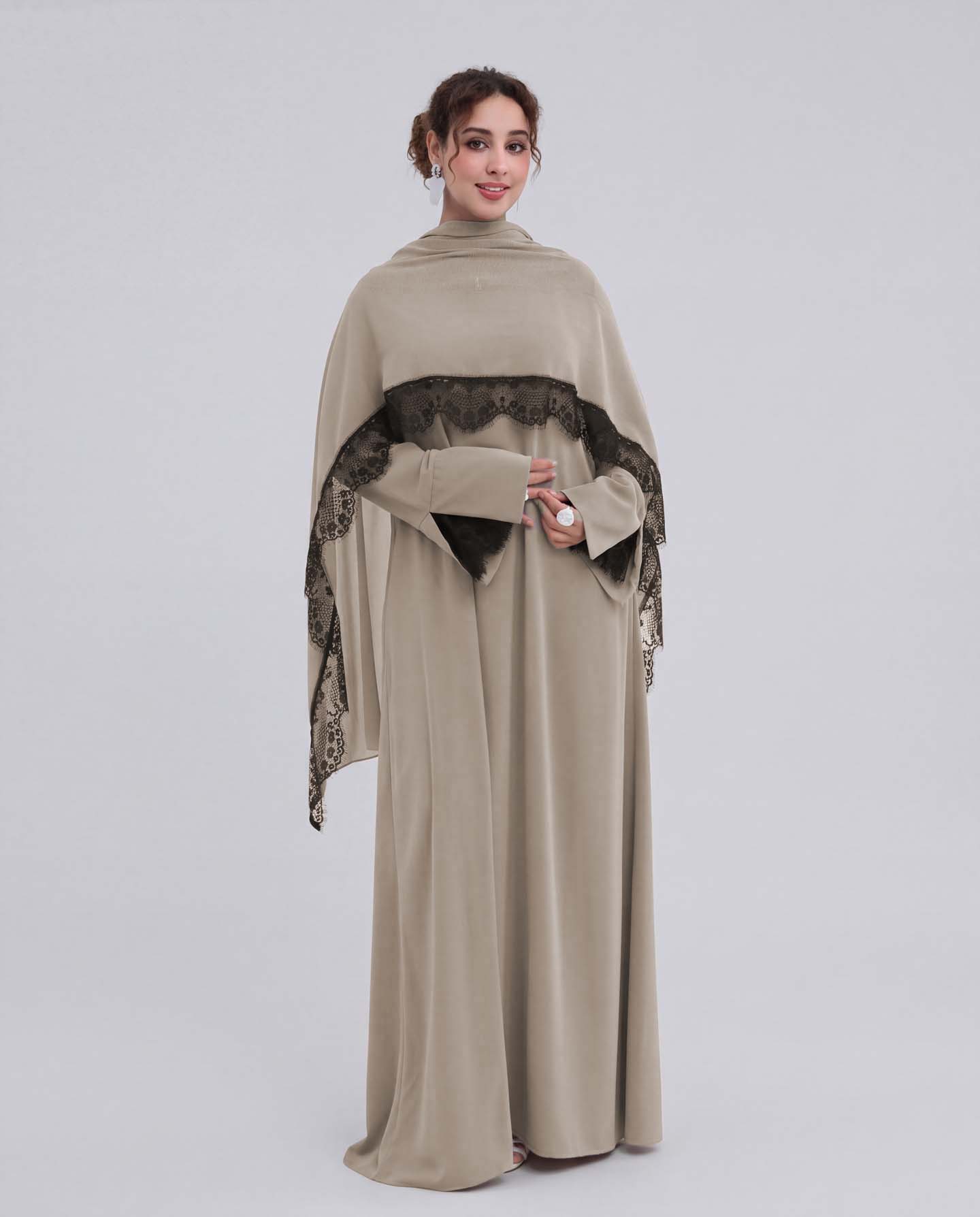 Dekorerad Abaya i Nida-tyg med Hijab - Beige - 2