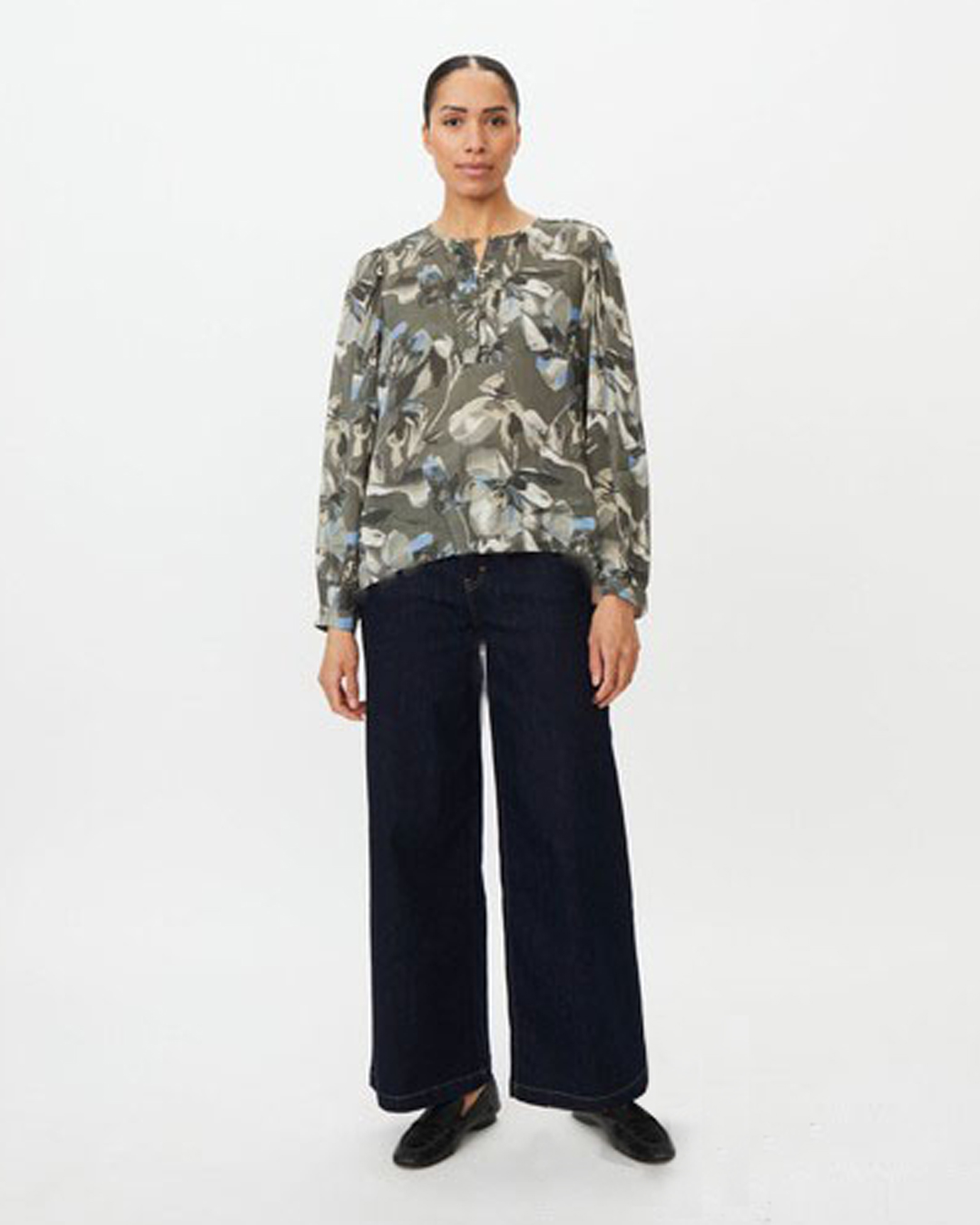 Blus Darya blommig olivgrön/blå/beige - 4