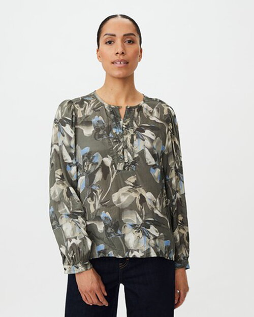 Blus Darya blommig olivgrön/blå/beige