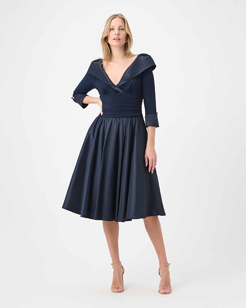 Klänning med taft krage & kjol marinblå - 3