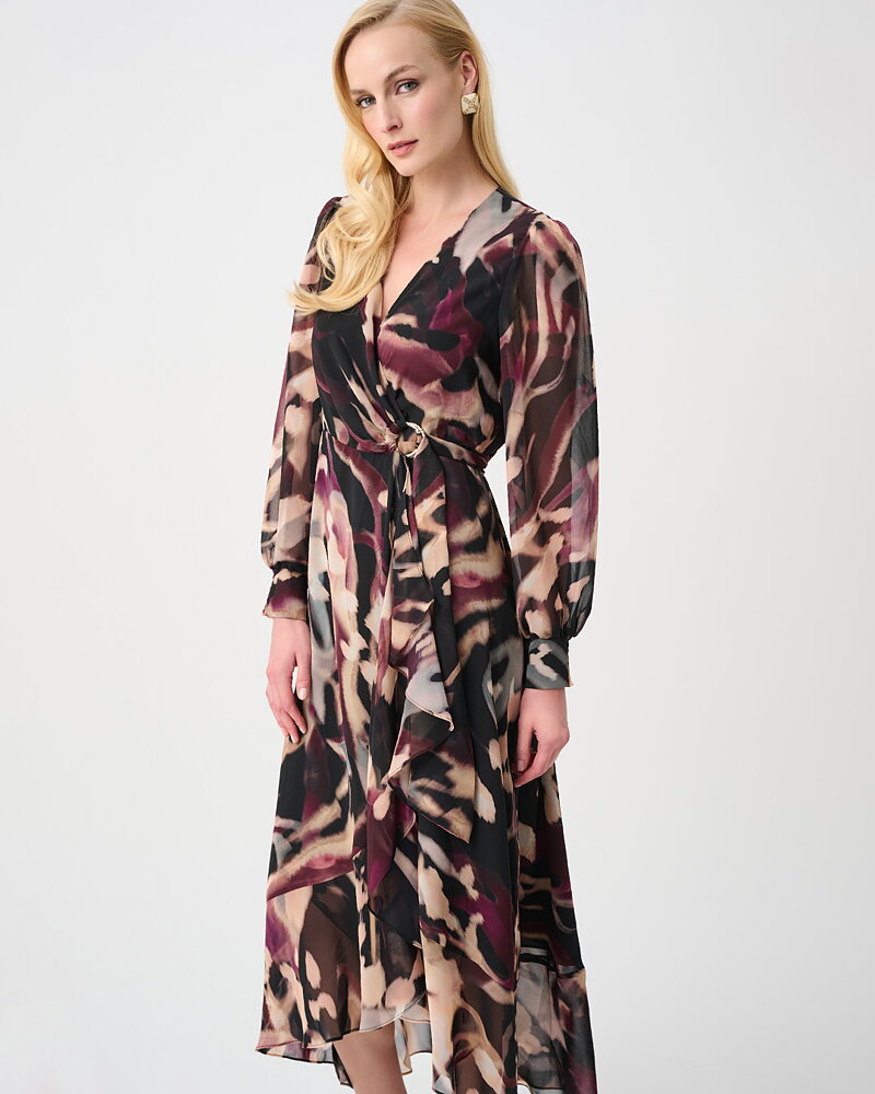 Chiffongklänning mönstrad vinröd/rosa/svart/beige