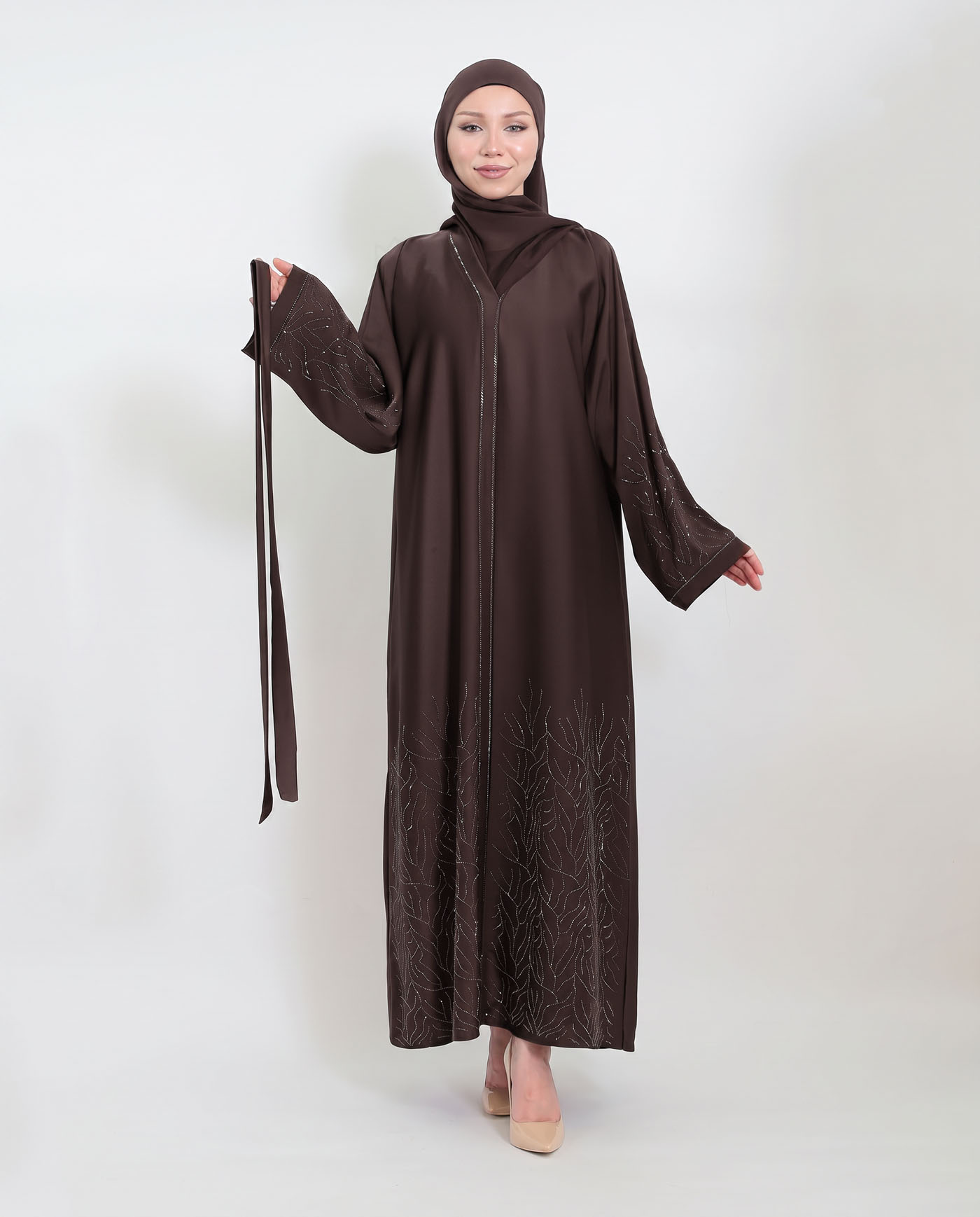 Abaya - Stone Decorated - Dark Brown - 4