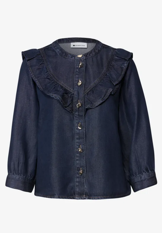 Denim Blouse Rinse Wash Mörkblå jeansblus med volang