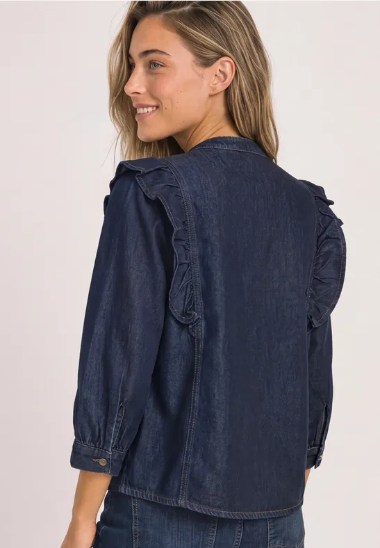 Denim Blouse Rinse Wash Mörkblå jeansblus med volang - 4