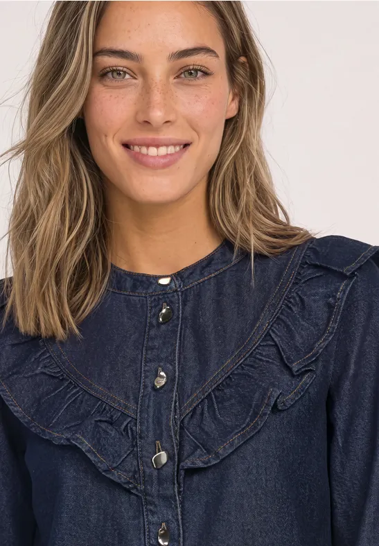 Denim Blouse Rinse Wash Mörkblå jeansblus med volang - 6