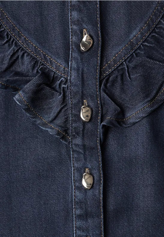 Denim Blouse Rinse Wash Mörkblå jeansblus med volang - 5