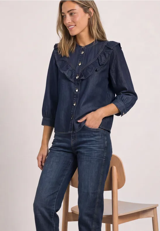 Denim Blouse Rinse Wash Mörkblå jeansblus med volang - 3