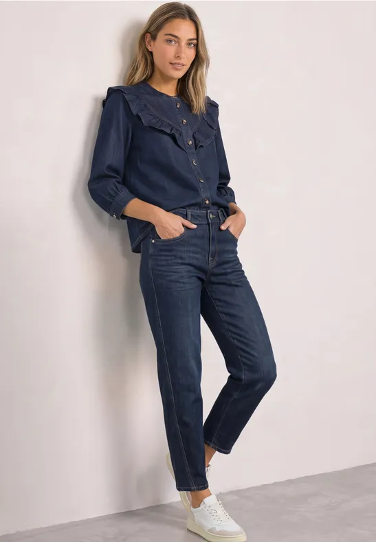 Denim Blouse Rinse Wash Mörkblå jeansblus med volang