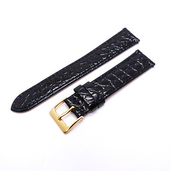 Svart 18 mm krokodilmönstrat läderarmband med guldfärgat spänne.