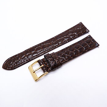 Brunt 18 mm krokodilmönstrat läderarmband med guldfärgat spänne.