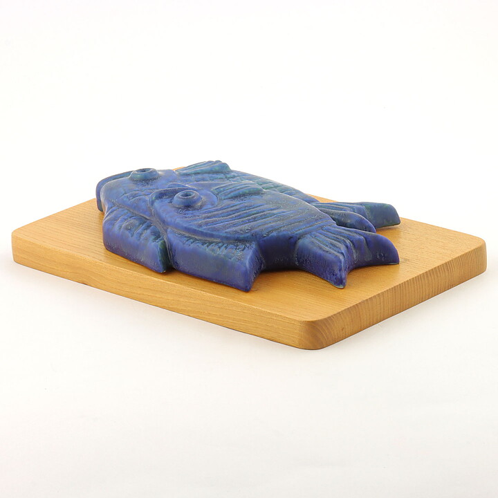 Gunnar Nylund (1950s) Blue Fish Relief Wall Plaque on Wooden Background 24 cm