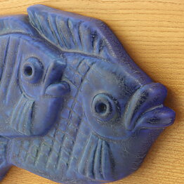 Gunnar Nylund (1950s) Blue Fish Relief Wall Plaque on Wooden Background 24 cm