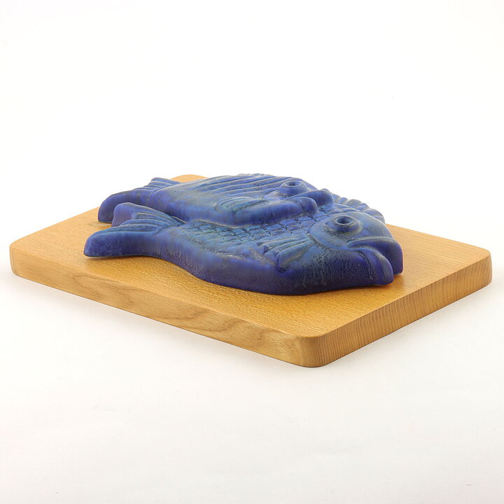 Gunnar Nylund (1950s) Blue Fish Relief Wall Plaque on Wooden Background 24 cm