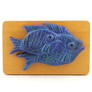 Gunnar Nylund (1950s) Blue Fish Relief Wall Plaque on Wooden Background 24 cm