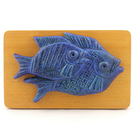 Gunnar Nylund (1950s) Blue Fish Relief Wall Plaque on Wooden Background 24 cm