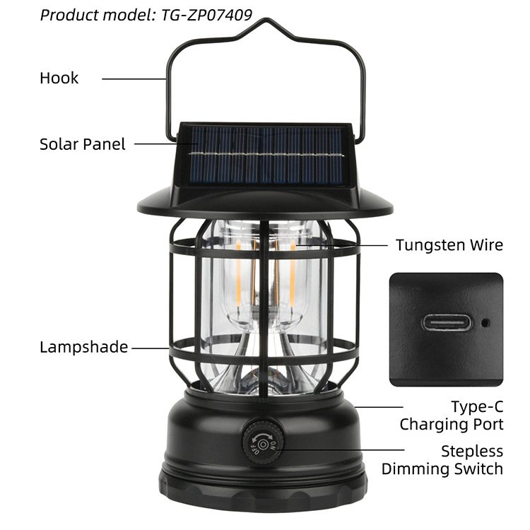 Campinglanterna Lanterna LED Solcell+USB-C