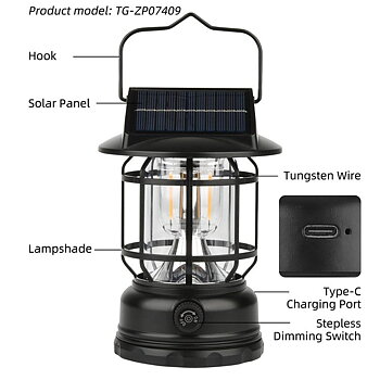 Campinglanterna Lanterna LED Solcell+USB-C