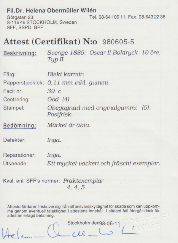 F 39c, 10 öre Oscar II prakt ** - 2