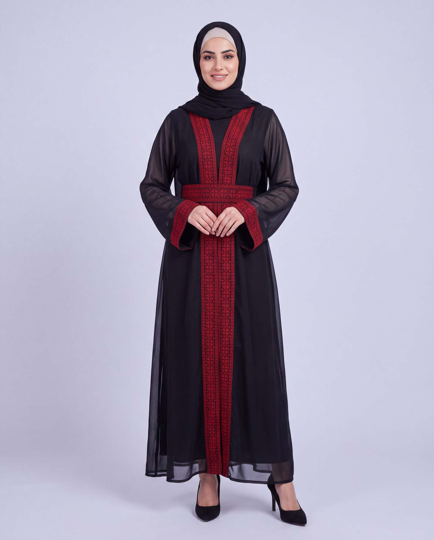 Traditional Abaya with Palestinian Patterns with Hijab - Black