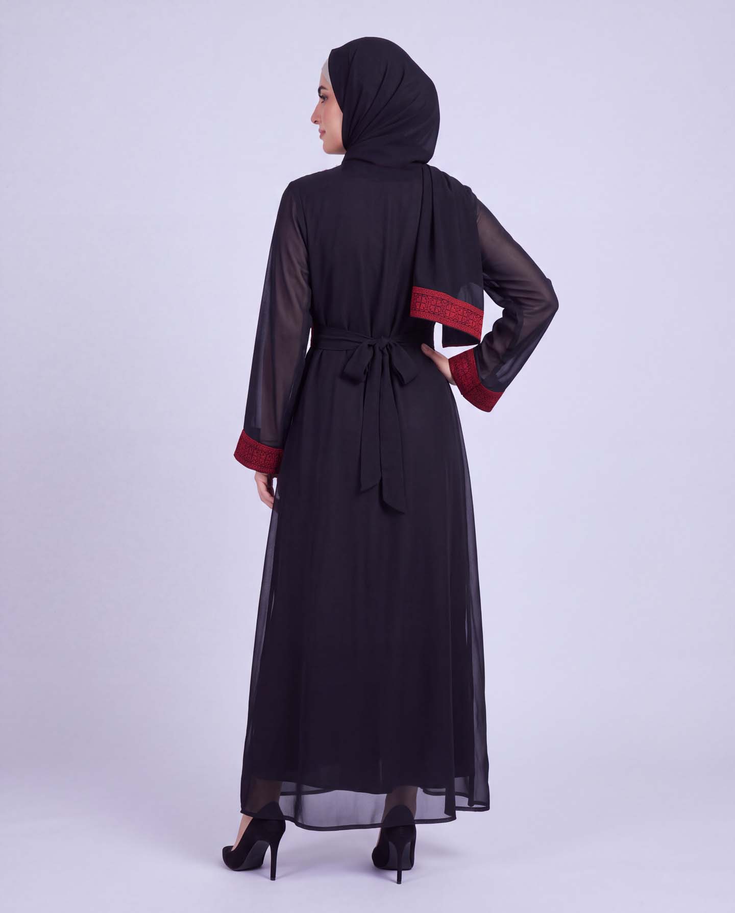 Traditional Abaya with Palestinian Patterns with Hijab - Black - 2