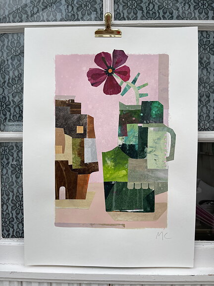 Collage "Hibiscus" av Maria C Bernhardsson. Orginal utan ram. 70x50cm.