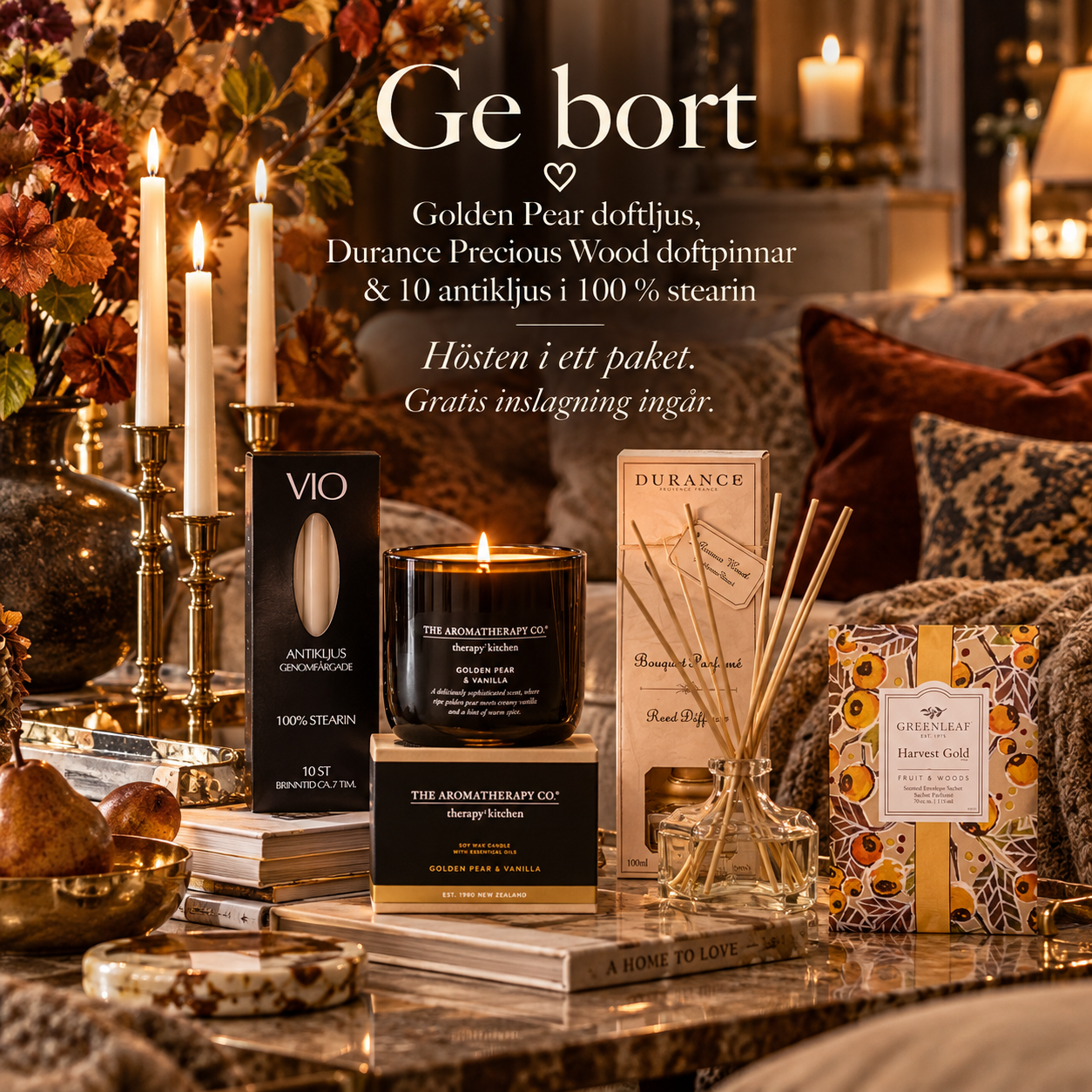Höstmys – Golden Pear, doftpinnar & antikljus