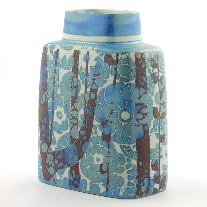 Johanne Gerber (Baca 1960s) Sturdy Vase with Blue and Brown Flower Decor 19 cm #780-3121