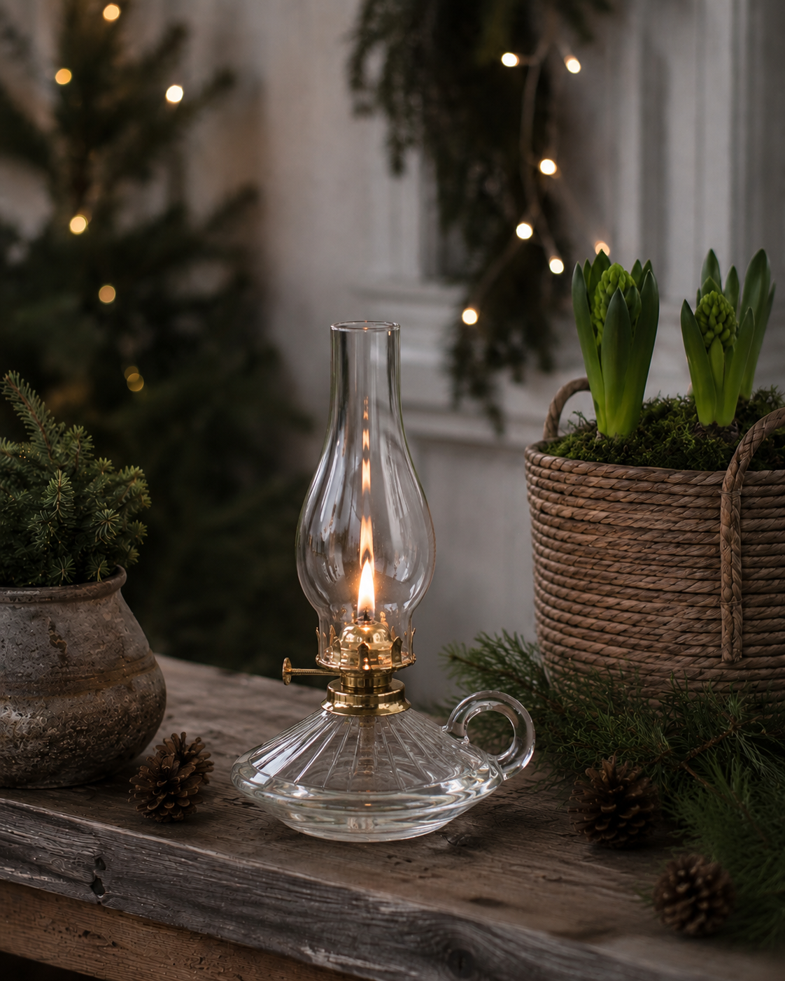Kerosene lamp with etched pattern and handle Big - Glass