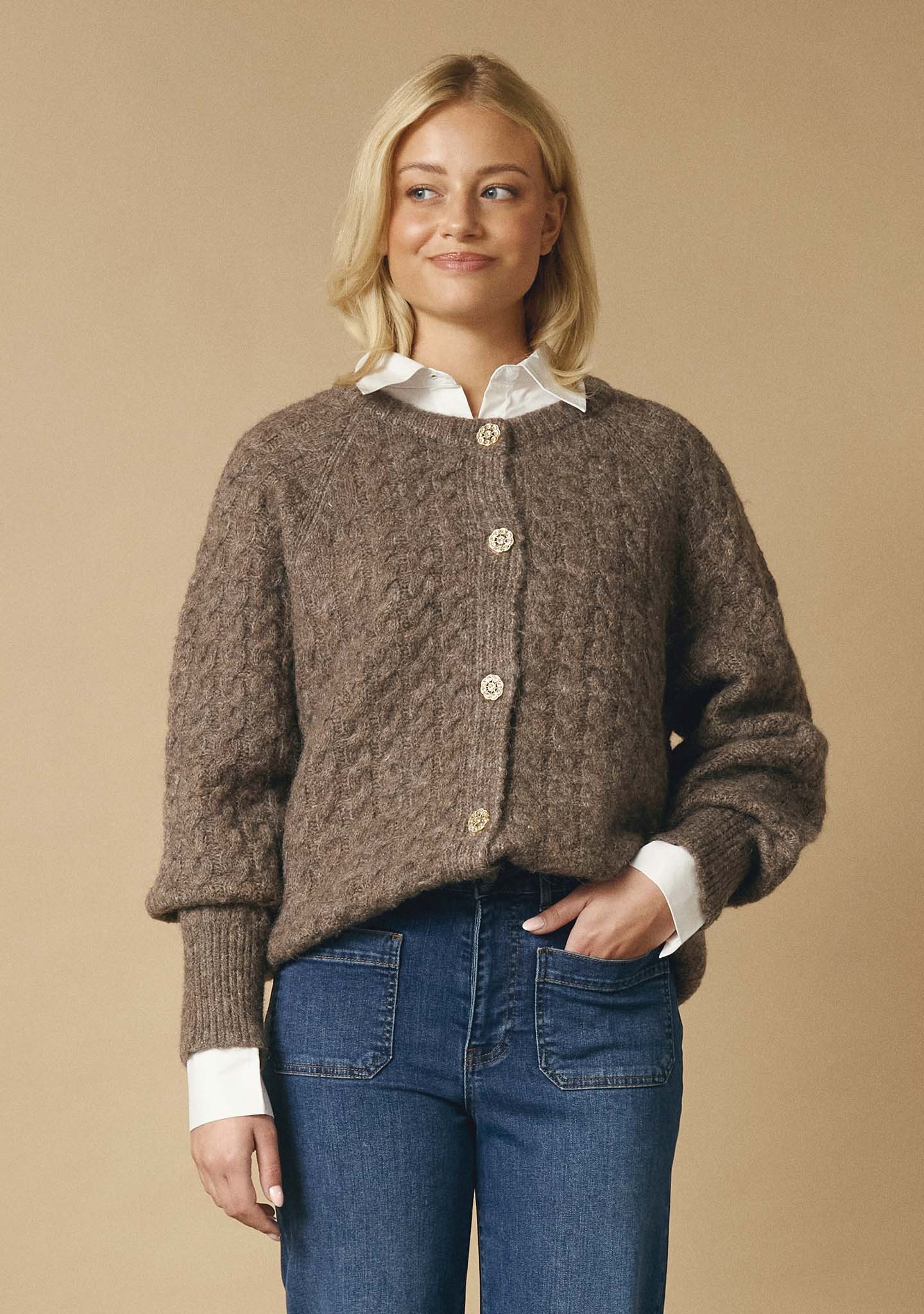 Anna Cable Cardigan - Taupe Melange - Isay 