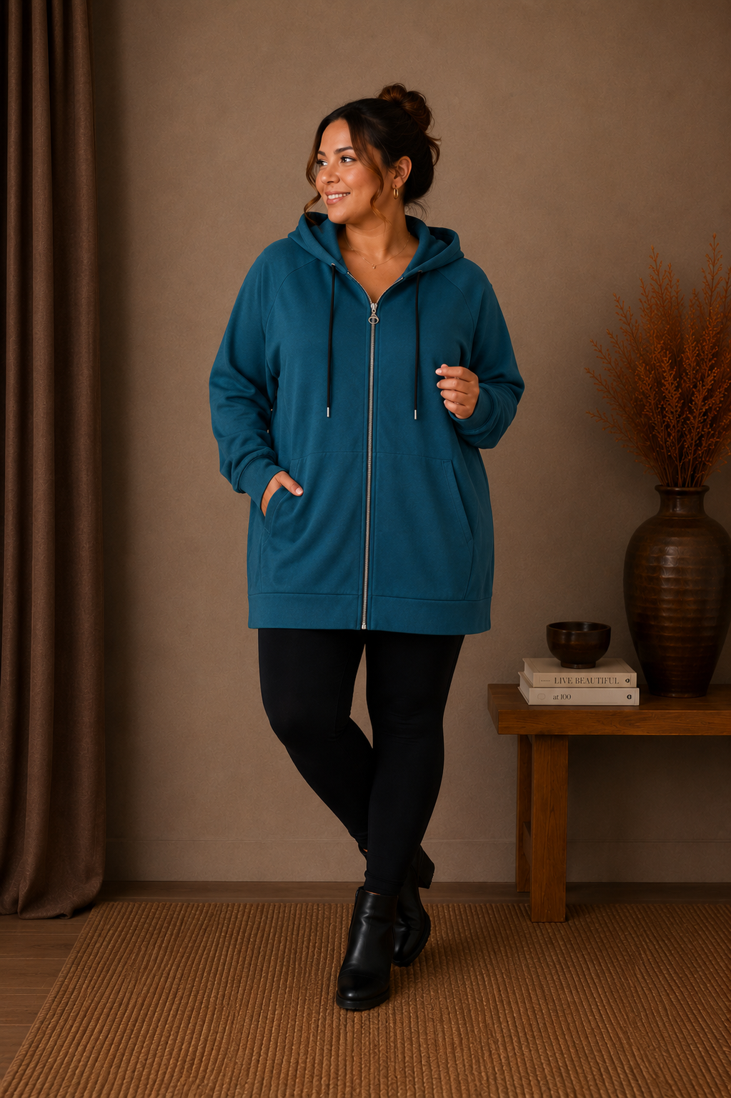 Hoodtröja med fickor, teal 