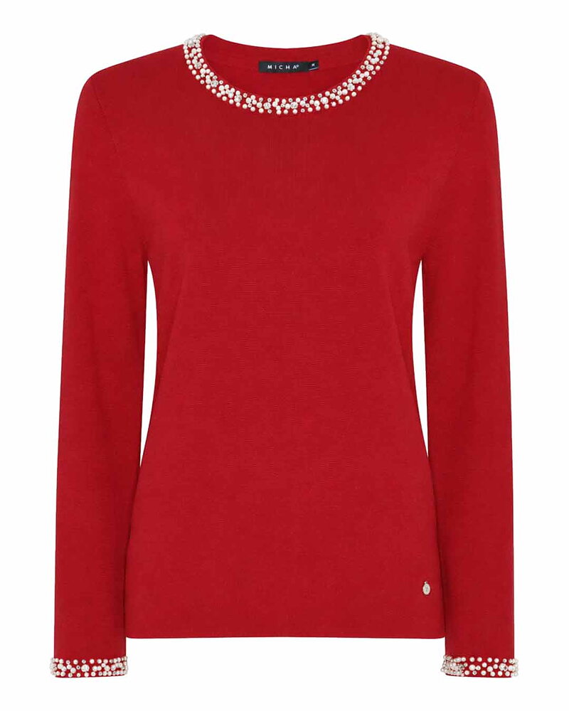 Jumper finstickad med strass/pärlor röd