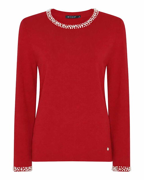 Jumper finstickad med strass/pärlor röd