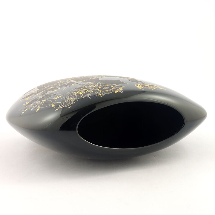 ビョルン・ヴィンブラッド Porcelaine Noireシリーズ  黒い楕円のベース  金色の装飾  22cm  1970年代 