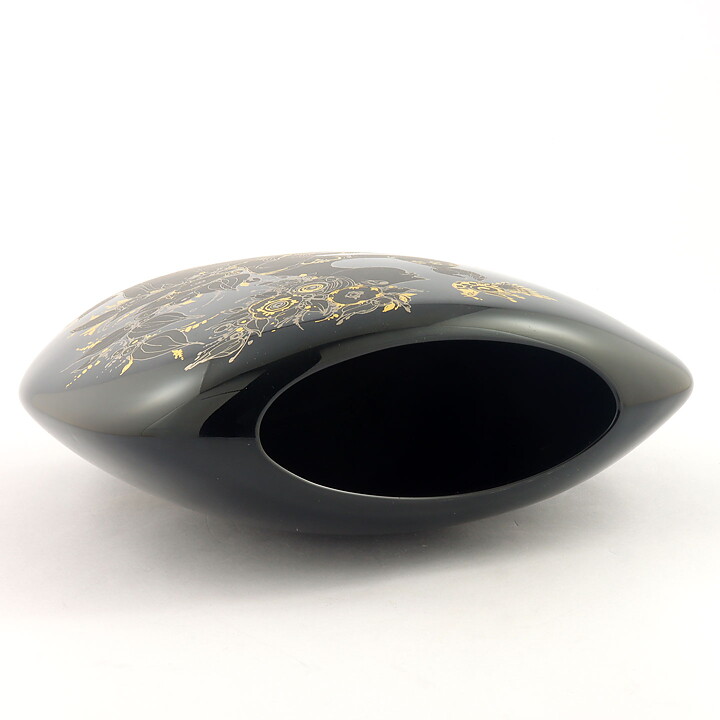 Björn Wiinblad (Porcelaine Noire 1970s) Black Modern Vase Oval Vase with Golden Decor 22 cm