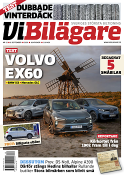 Omslaget till tidningen Vi Bilägare utgåva 12 2026. Stor bild med Volvo EX60, BMW iX3 och Mercedes GLC.
