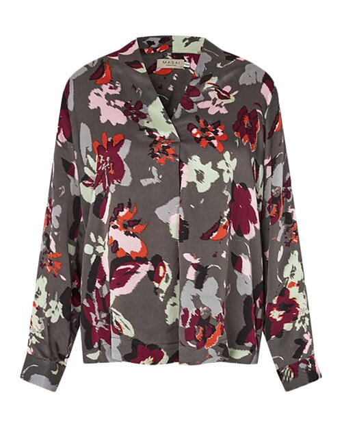 Blus Delvion v-ringad blommig rosa/vin/rost/grå