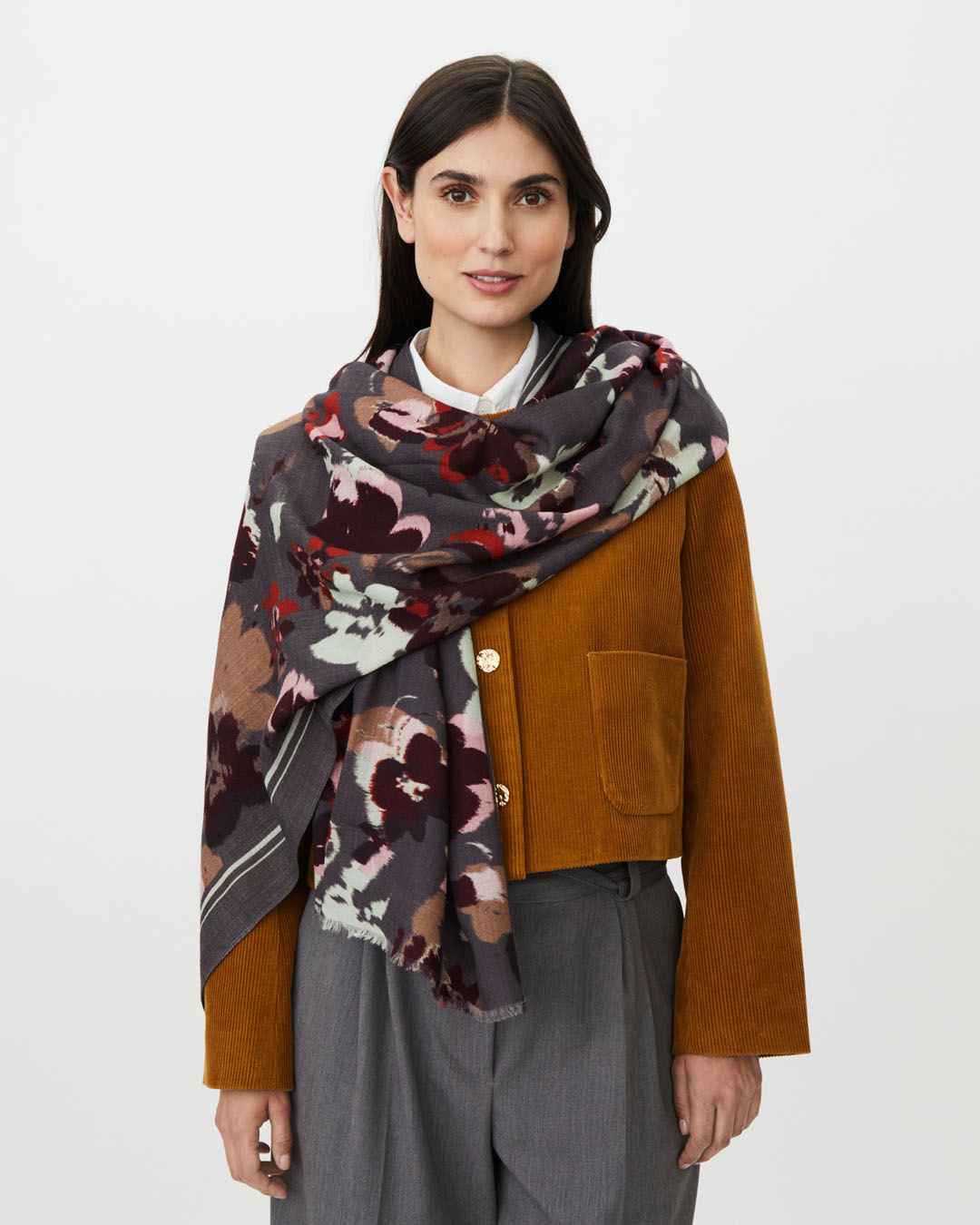 Ullsjal Anea blommig rosa/vin/rost/grå - 2