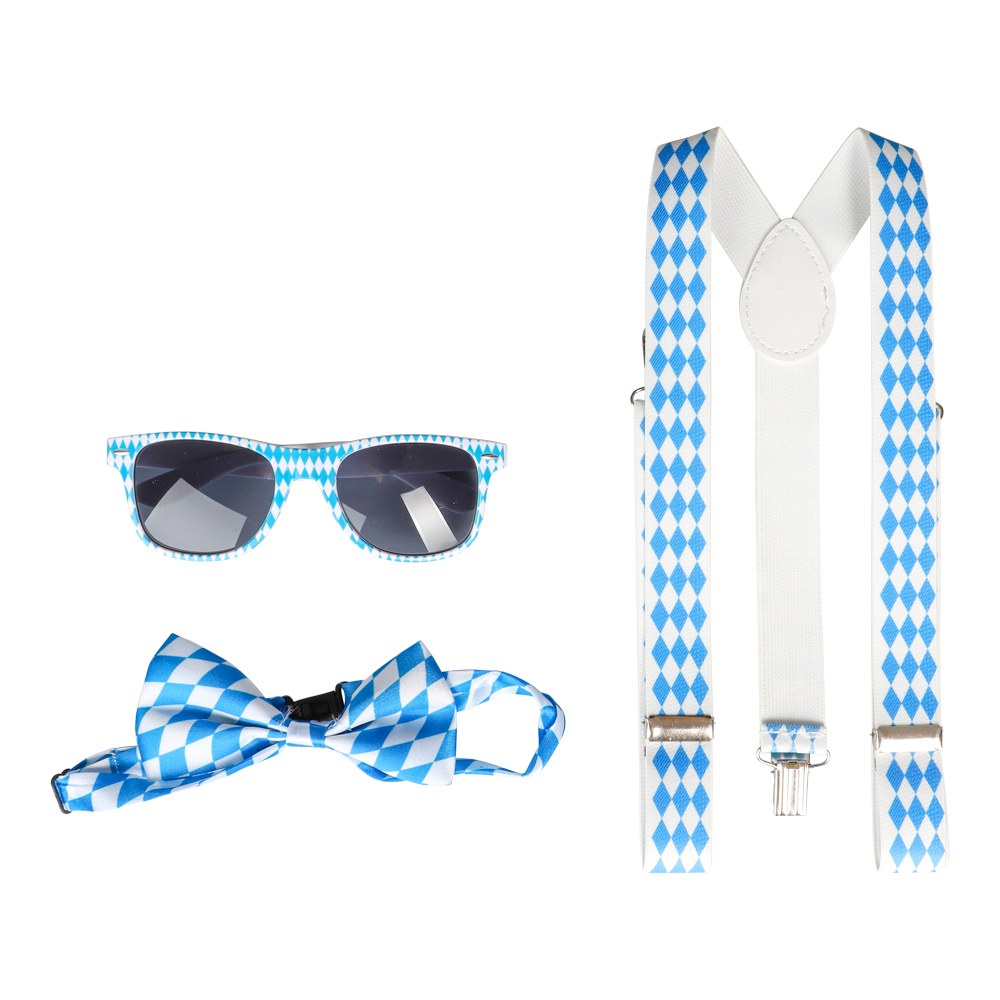 Oktoberfest kit med blåvita hängslen fluga och glasögon